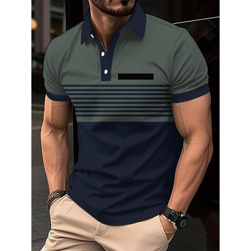 Men's shirtMen's Casual Striped Short Sleeve Lapel Shirt, Chic Sports Top For Summer Outdoor Activities