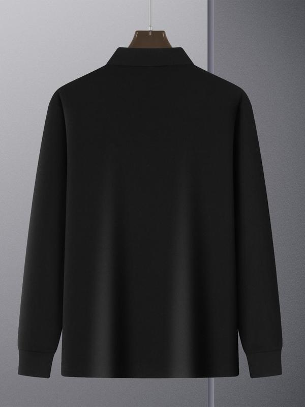 Men's Solid Long Sleeve Polo Shirt, Regular Fit Casual Button Front Collared Top for Spring & Fall, Men's Clothes for Business Work Daily Wear