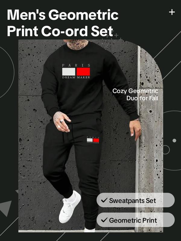 2 Piece Set Men's Geometric & Letter Print Co-ord Set, Fall Outfits, Casual Long Sleeve Sweatshirt & Drawstring Waist Sweatpants Set for Fall, Outfit Sets for Men, Fashion Cozy Men's Two-piece Outfits for Daily Wear