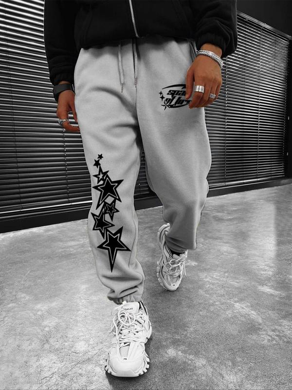 Men's Letter & Star Print Drawstring Waist Sweatpants, Regular Fit Casual Pocket Jogger Pants for Fall & Winter, Men's Trousers for Daily Wear