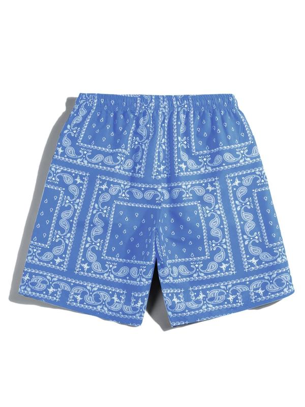 Men's Ethnic Pattern Pocket Drawstring Waist Shorts, Regular Fit Summer Clothes, Stylish Paisley Print Elastic Waist Swim Trunks, Going Out Outfit, Back To School Outfits, Beach Shorts for Casual, Drippy Outfits, 80s Fashion