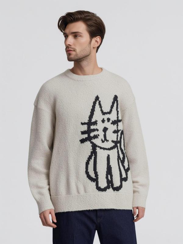 Unisex Men's Cartoon Cat Print Crewneck Sweater, Spring Outfits 2024, Loose Casual Streetwear Longsleeves Jumper for Fall Winter Menswear, Streetwear Y2k Tops, Graphic Sweater for Women