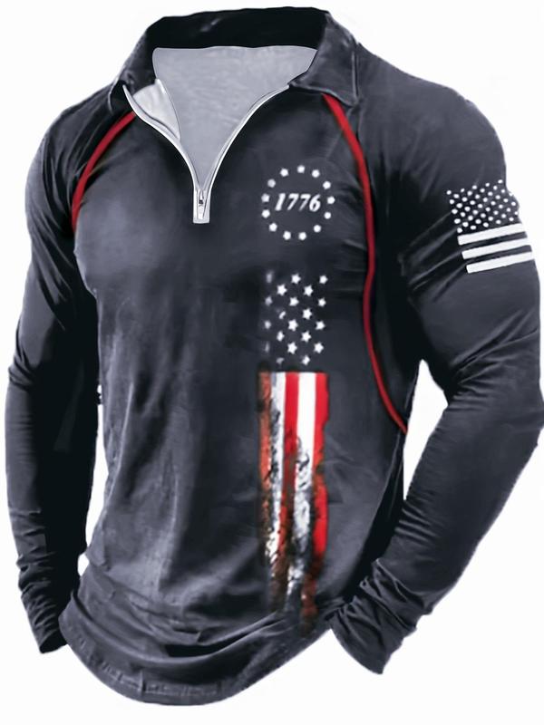 Men's American Flag Print Zipper Raglan Sleeve Polo Shirt, Regular Fit Casual Long Sleeve Polo Collared Top for Daily Outdoor Wear, Fashion Men's Clothes for All Seasons