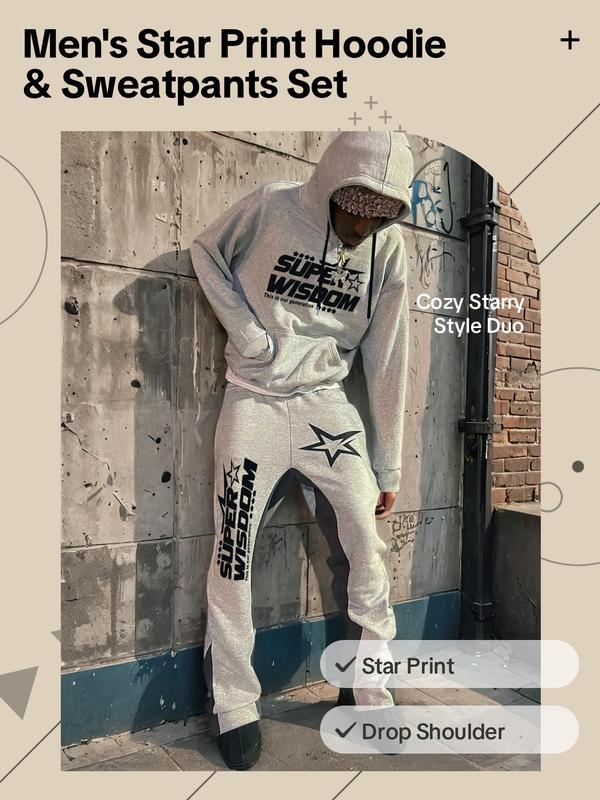 Two-piece Set Men's Star Print Drop Shoulder Hoodie & Drawstring Waist Flare Leg Sweatpants Set, Regular Fit Casual Fashion Cozy Outfits for Daily Wear, Men's Fall & Winter Clothes,  Sa Nguyen Rave Outfit