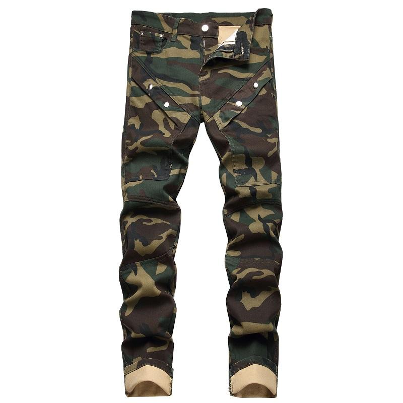 XIMXIMMTIAN Men's Jeans Designer Casual Stretch Tear Fashion Straight Slim Fit Comfortable Stretch Water Washed Camouflage Motorcycle Biker Denim Pants