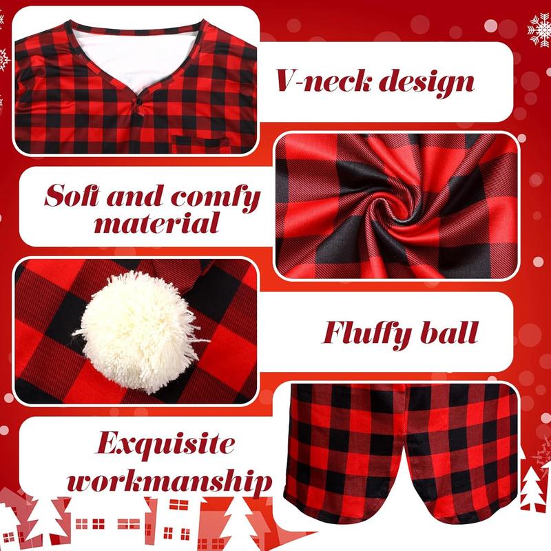 Christmas Plaid Men's Sleep Shirt Sleeping Hat Set Long Sleeve Pajama Cap with Pom Balls for Men