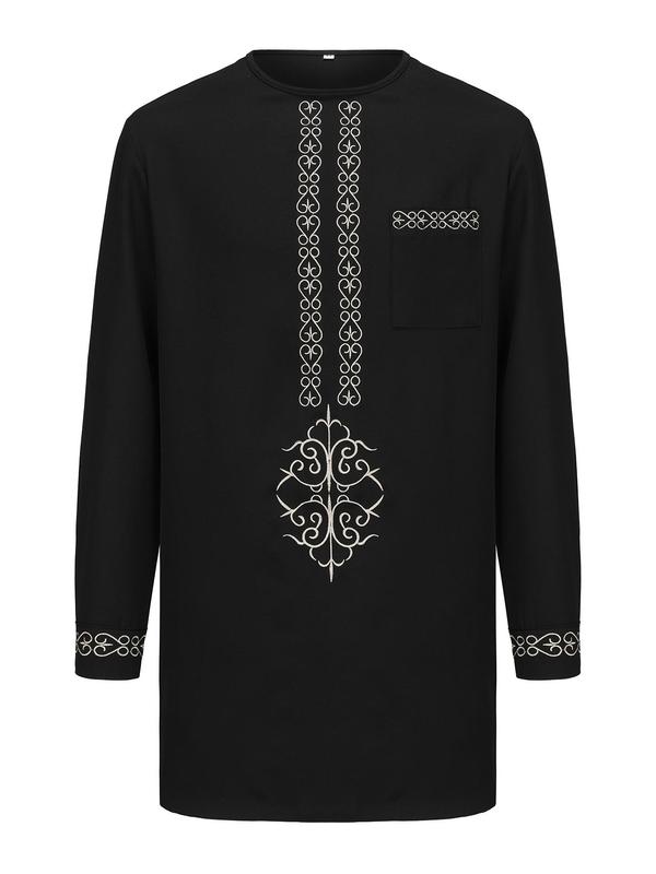 Men's Ethnic Pattern Embroidery Long Sleeve Set, Regular Fit Round Neck Top & Pocket Pants Two-piece Set, Men's Islamic Clothing for All Seasons