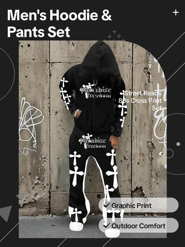 Two-piece Set Men's Cross Print Zip Up Hoodie & Drawstring Waist Pants, Loose Fashion Casual Pocket Hooded Sweatshirt & Trousers for Daily Outdoor Wear, Men's Outfits for Fall & Winter, Sweatshirts, Starboy Outfit Men, 80s Fashion