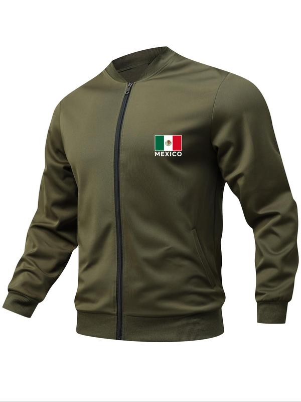 Men's Mexico Flag & Eagle Print Zip Up Bomber Jacket, Casual Comfy Long Sleeve Baseball Collar Outerwear for Daily Wear, Men's Clothing for All Seasons Jacket Coat