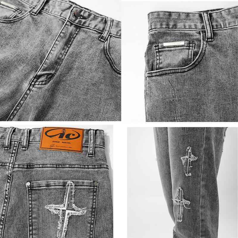 Iconslab&Psylos1 Patchwork Cross Star Embroidered Bootcut Distressed Jeans Menswear Underwear Pants Streetwear Classic Denim