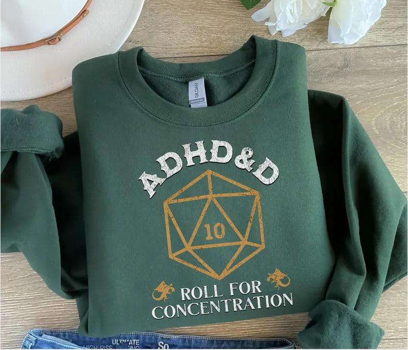 ADHD&D Roll for Concentration Sweatshirt, Dungeons and Dragons Dnd T-shirt, DnD Vintage Tee, ADHD Unisex shirt, DnD Shirt, RPG Gift, Dungeons Master Sweatshirt