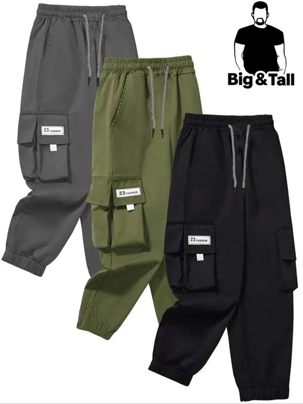  Plain Letter Patched Drawstring Waist Cargo Pants, Mens Pants, Casual Pocket Trousers for Daily Wear, Men's Bottoms for All Seasons