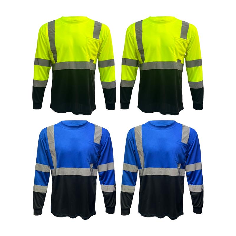 4 PACK - Class 3 High Visibility Two Tone Long Sleeve Safety Shirt Available in Yellow, Orange or Blue with Black Bottom Half