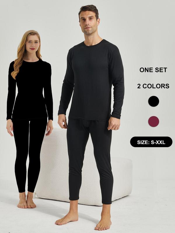 Couple 2pcs Basic Minimalist Thermal Underwear Set, Comfort Slim Plain Long Sleeve Crewneck T-shirt & Leggings, Matching Pajamas, Casual Thermal Underwear for Fall & Winter, Cold Weather Gear