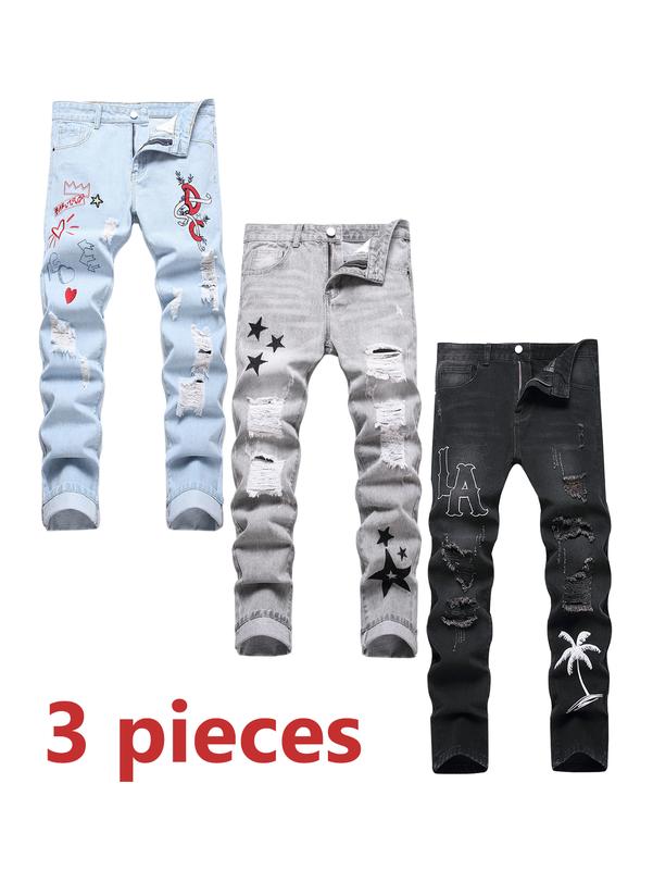 3 Pack Jeans For Men, Blue & Grey & Black Jeans,  Fashion Straight Ripped Slim Fit Denim Pants. Casual breathable Comfy Trouser, Menswear Streetwear