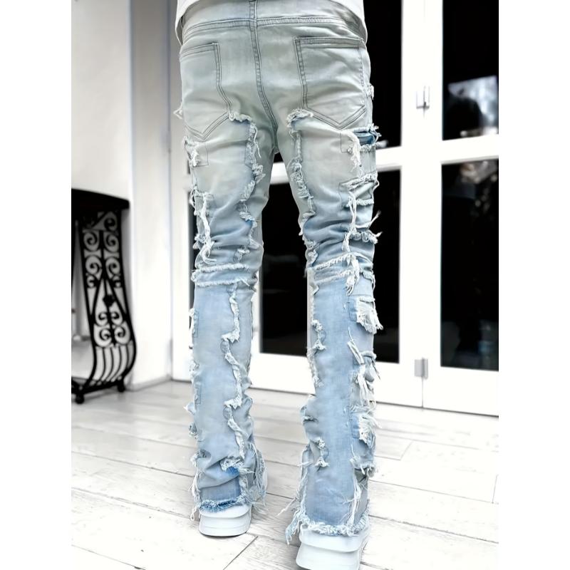 Medium Stretch Creative Raw Trim Jeans, Men's Casual Street Style Denim Pants