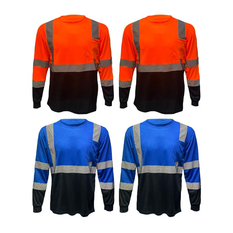 4 PACK - Class 3 High Visibility Two Tone Long Sleeve Safety Shirt Available in Yellow, Orange or Blue with Black Bottom Half