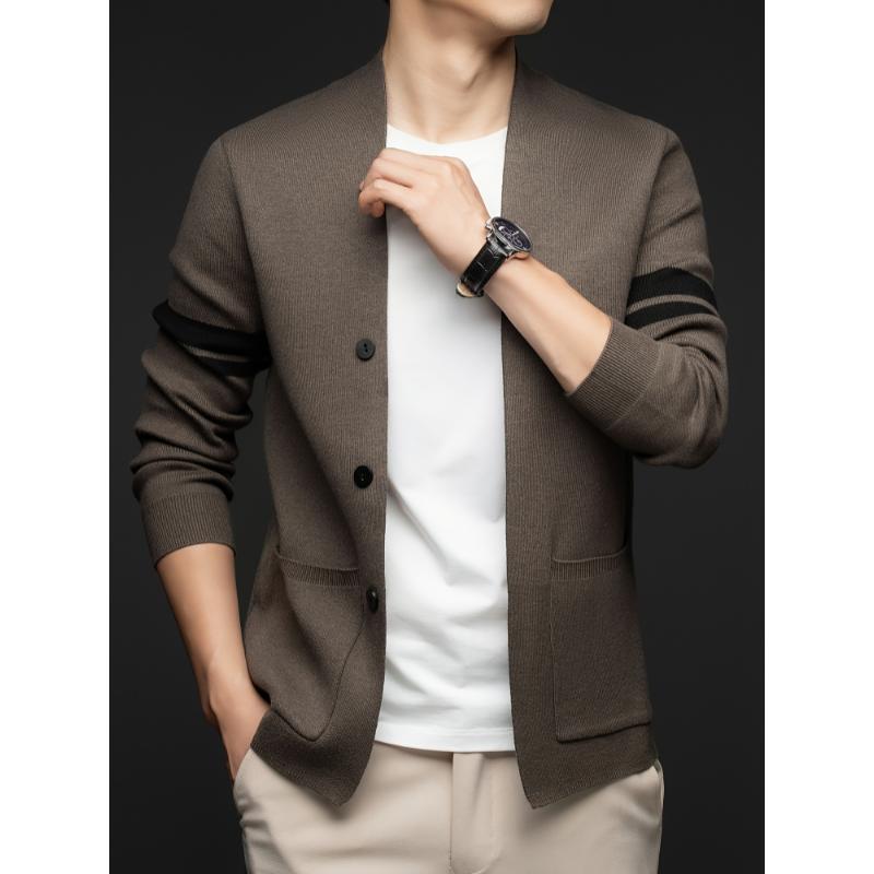 Men's Casual Cardigan Blazer - Polyester Blend Knit Fabric, Lapel Collar with Button Details, Regular Fit, Striped Sleeves, Slight Stretch, Suitable for Spring Fall