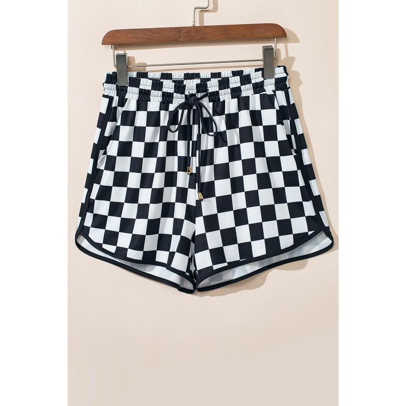 Black Checkered Drawstring Elastic Waist Casual Shorts