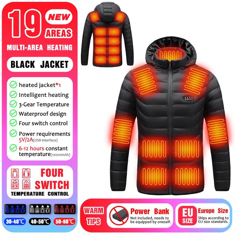 25 Areas Heated Cotton Clothes Jacket USB Heating Jacket Warm Snowfield Heated Vests Coat Hunting Hiking Camping Winter S-6XL
