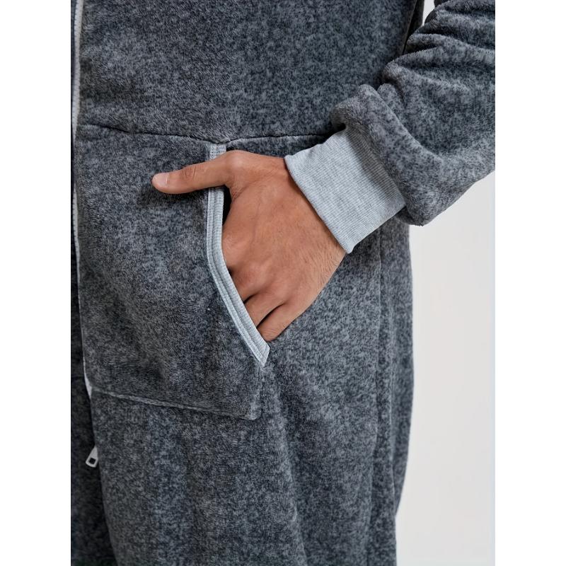 Men's Cozy Fleece-Lined Hooded Zip-Up Onesie Pajamas - Casual, Machine Washable, Solid Color Sleepwear Loungewear Menswear