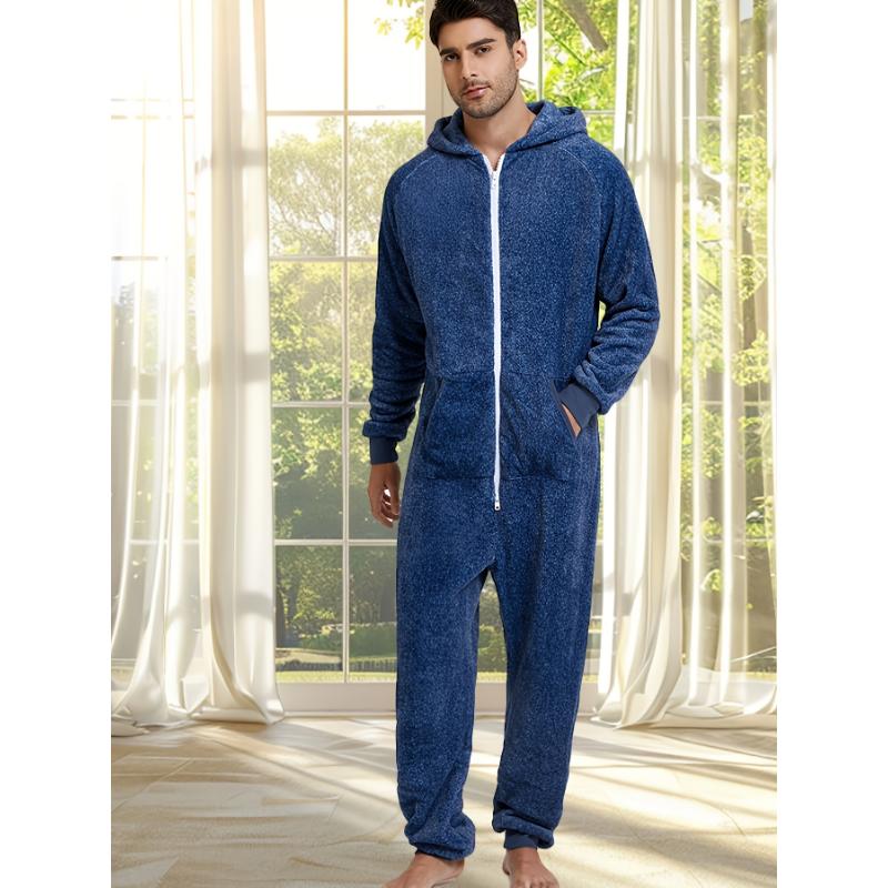 Men's Cozy Fleece-Lined Hooded Zip-Up Onesie Pajamas - Casual, Machine Washable, Solid Color Sleepwear Loungewear Menswear