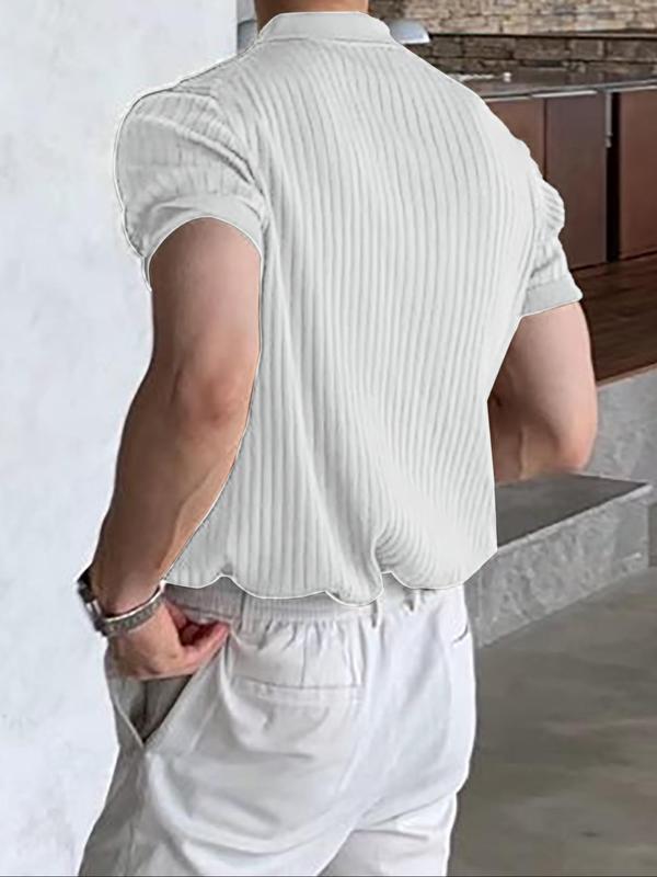 Men's Regular Fit Solid Short Sleeve Knit Polo Shirt, Summer Outfits, Casual Plain Streetwear Business Button Front Half Placket Ribbed Knit Top for Summer, Menswear, Men's Knitwear for Daily Wear, Vintage Clothing, 80s Fashion