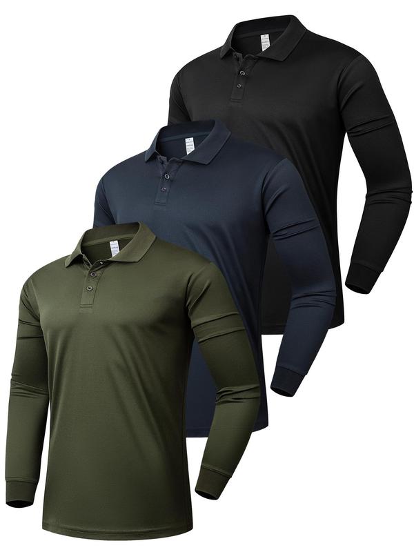 Men's Solid Long Sleeve Sports Polo Shirt, Casual Breathable Quick Drying Collared Top for Golf Outdoor Sports, Men's Sportswear for Fall & Winter