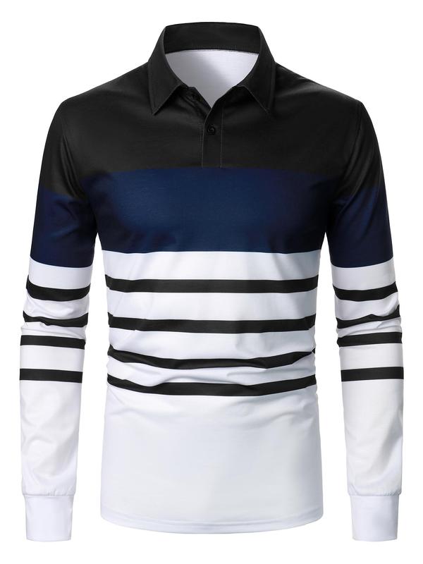 Men's Colorblock Striped Print Polo Shirt, Regular Fit Casual Long Sleeve Button Top for Fall & Winter, Men's Clothes for Daily Wear