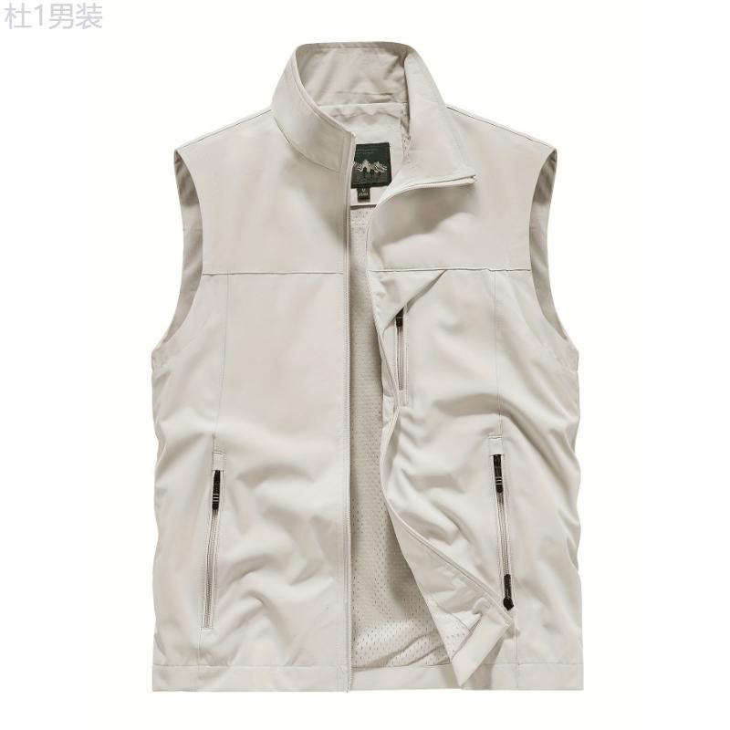 Men's Solid Sleeveless Jacket With Zipper Pockets, Active Zip Up Stand Collar Vest For Spring Summer Fall Outdoor Activities