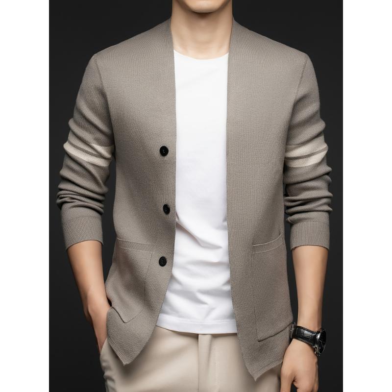 Men's Casual Cardigan Blazer - Polyester Blend Knit Fabric, Lapel Collar with Button Details, Regular Fit, Striped Sleeves, Slight Stretch, Suitable for Spring Fall