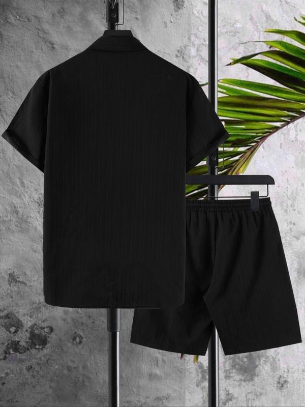 Two-Piece Set Men's 2 Pieces Plus Size Textured Button Front Shirt & Drawstring Waist Shorts Set, Casual Comfy Short Sleeve Collar Top & Shorts for Beach Vacation, Men's 2 Piece Set, Fashion Men's Clothes Set