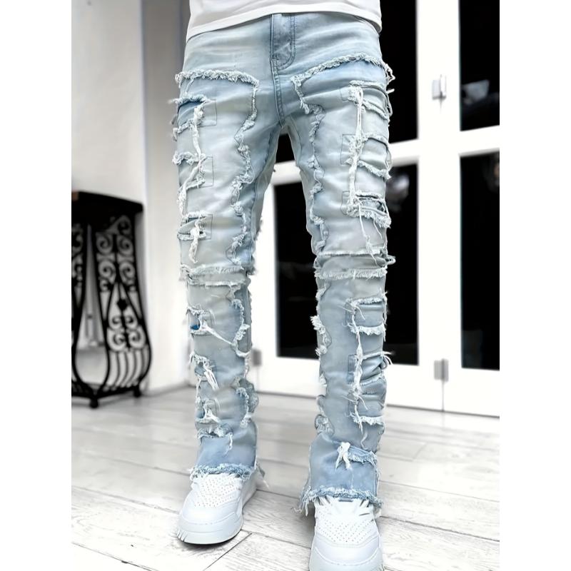 Medium Stretch Creative Raw Trim Jeans, Men's Casual Street Style Denim Pants