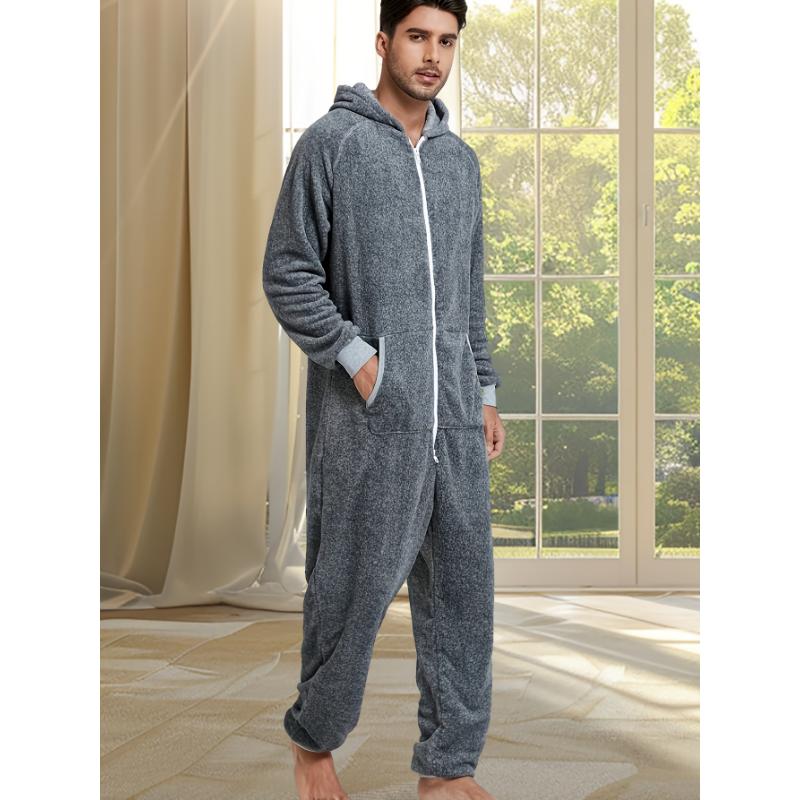 Men's Cozy Fleece-Lined Hooded Zip-Up Onesie Pajamas - Casual, Machine Washable, Solid Color Sleepwear Loungewear Menswear