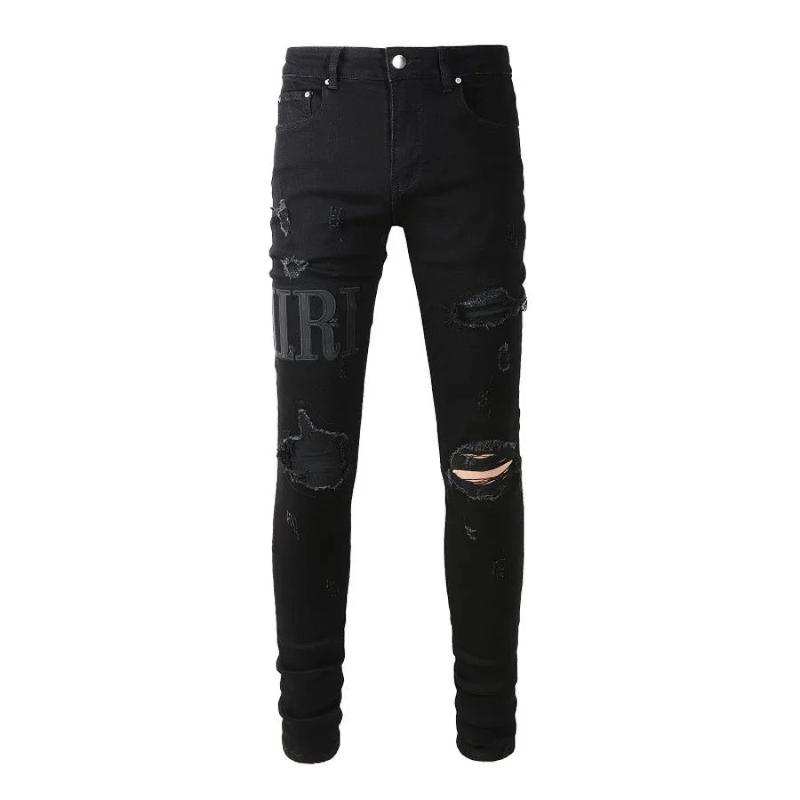 Ameri Men's High Street Skinny Denim Pants with Black Embroidery Letters - Fashion Repair Low Rise Trousers - Menswear, Underwear