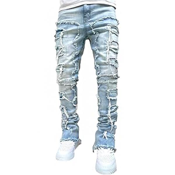 Mens Black Stacked Jeans Slim Fit Ripped Jeans Destroyed Straight Denim Pants Harajuku Hip Hop Trouser Streetwear