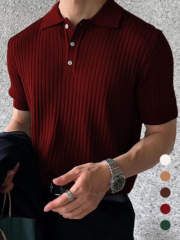 Men's Regular Fit Solid Short Sleeve Knit Polo Shirt, Summer Outfits, Casual Plain Streetwear Business Button Front Half Placket Ribbed Knit Top for Summer, Menswear, Men's Knitwear for Daily Wear, Vintage Clothing, 80s Fashion