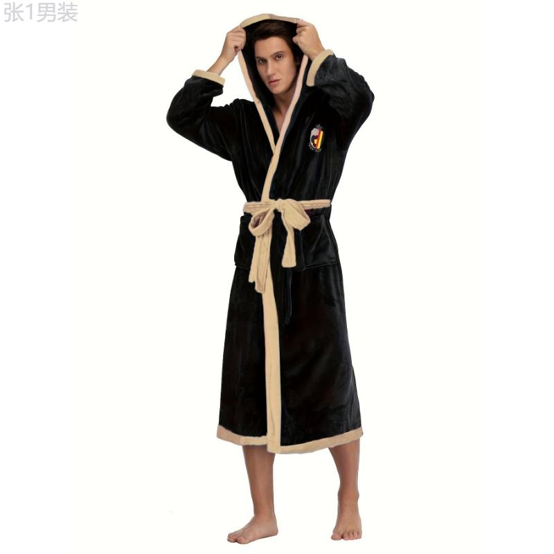 One-piece Men's Comfy Hooded Pajamas Wear with Pocket & Hair Dry Hat, Color Block Flannel Robe Home Letter Embroidered Lace Up Kimono Night-robe Warm Sets After Bath Fabric Menswear Collar Loungewear Polyester Nightwear