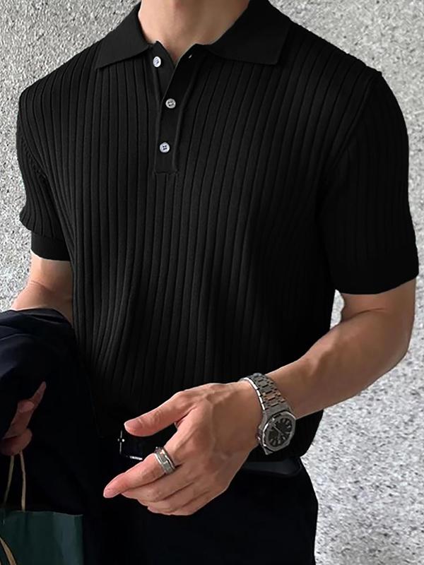 Men's Regular Fit Solid Short Sleeve Knit Polo Shirt, Summer Outfits, Casual Plain Streetwear Business Button Front Half Placket Ribbed Knit Top for Summer, Menswear, Men's Knitwear for Daily Wear, Vintage Clothing, 80s Fashion