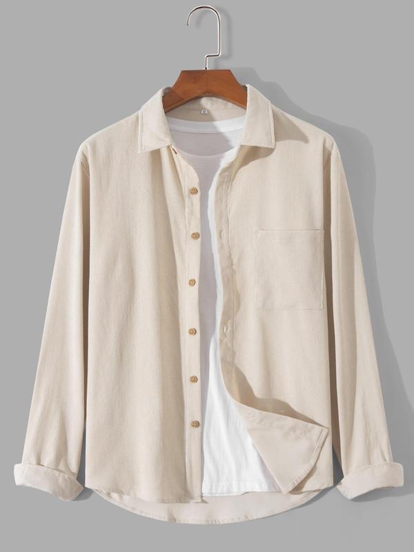 Men's Solid Button Front Pocket Corduroy Shirt, Regular Fit Casual Long Sleeve Collared Top for Fall & Winter, Men's Clothes for Daily Wear