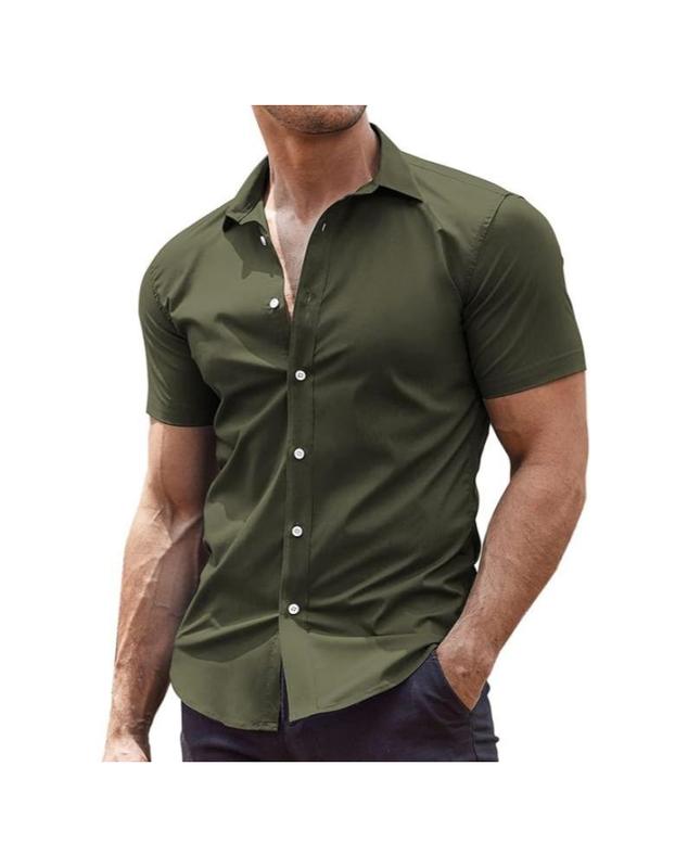 COOFANDY Summer Clearance Men's Muscle-fit Casual Short-sleeved Shirt Fabric Menswear Shortsleeve Activewear  Elastic Spandex Stretch Tops  Classic Classy Stylish