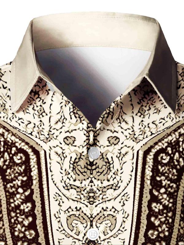 Men's Regular Fit Ethnic Pattern Button Front Shirt, Retro Long Sleeve Collared Top for Daily Outdoor Wear, Fashion Men's Clothes for All Seasons