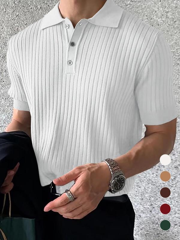 Men's Regular Fit Solid Short Sleeve Knit Polo Shirt, Summer Outfits, Casual Plain Streetwear Business Button Front Half Placket Ribbed Knit Top for Summer, Menswear, Men's Knitwear for Daily Wear, Vintage Clothing, 80s Fashion