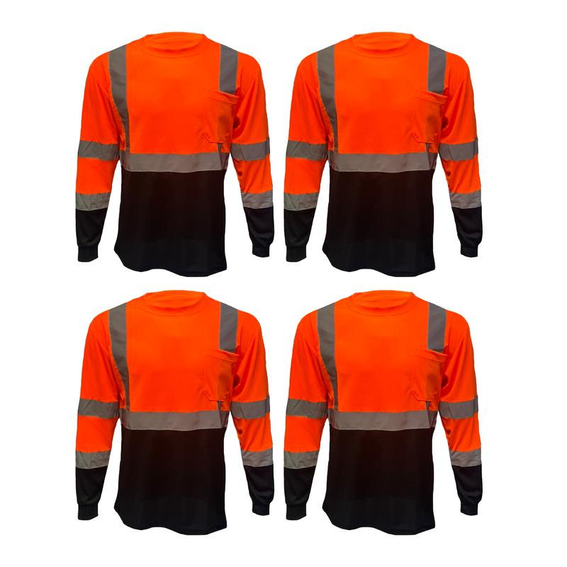 4 PACK - Class 3 High Visibility Two Tone Long Sleeve Safety Shirt Available in Yellow, Orange or Blue with Black Bottom Half