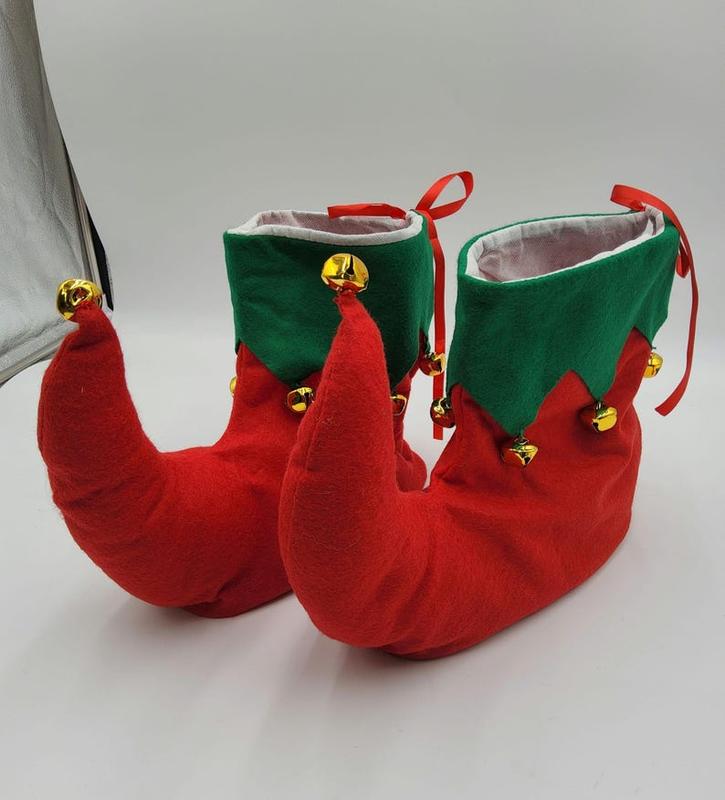 Unisex Adult Holiday Elf Shoes Red and Green Santa's Helper Christmas Costume Accessory With Gold Jingle Bells One Size Fits Most