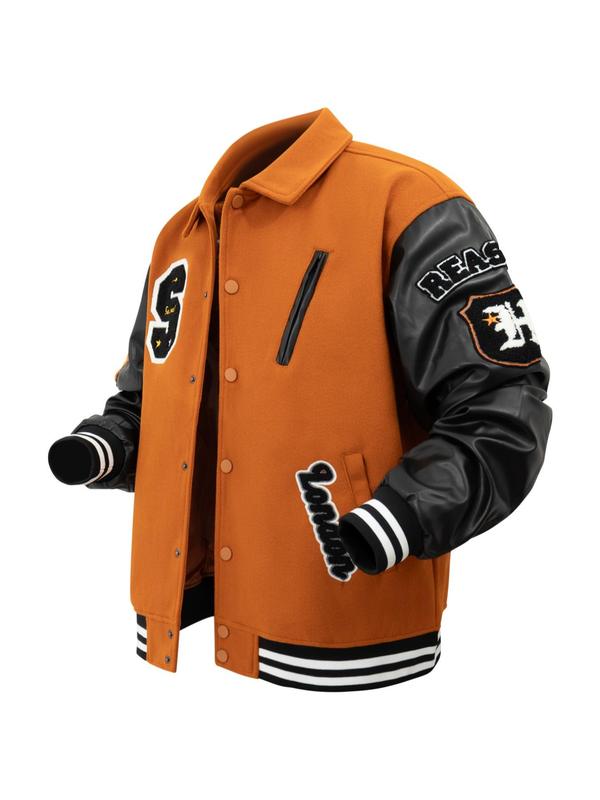 Men's Fuzzy Letter Patched Pocket Button Front Varsity Jacket, Loose Casual Long Sleeve Collared Outerwear for Fall & Winter, Men's Clothes for Daily Wear