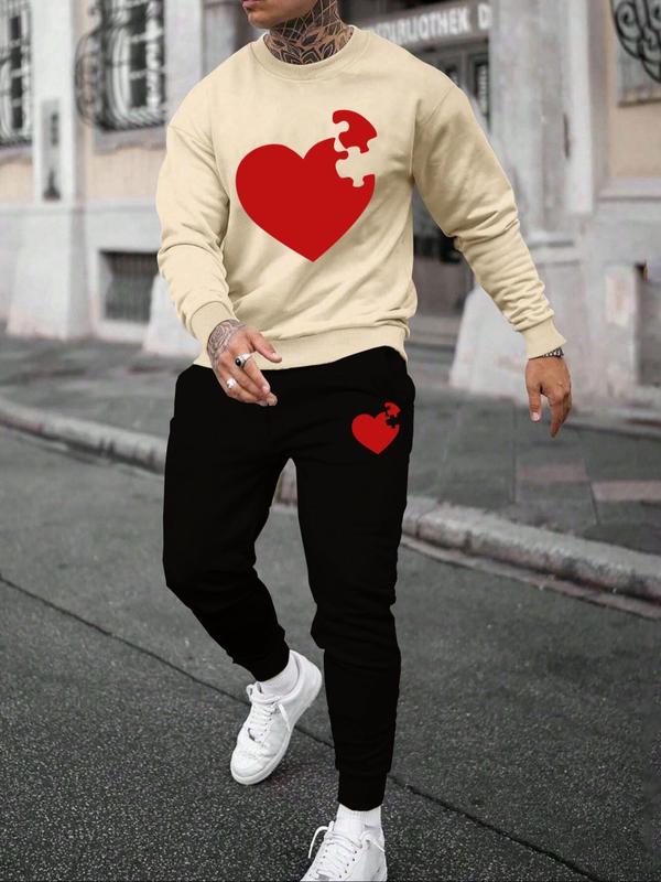 Two-Piece Set Men's Heart Print Sweatshirt & Pocket Sweatpants, Regular Fit Casual Long Sleeve Round Neck Pullover & Jogger Pants for Fall & Winter, Men's Two-piece Outfits for Daily Wear