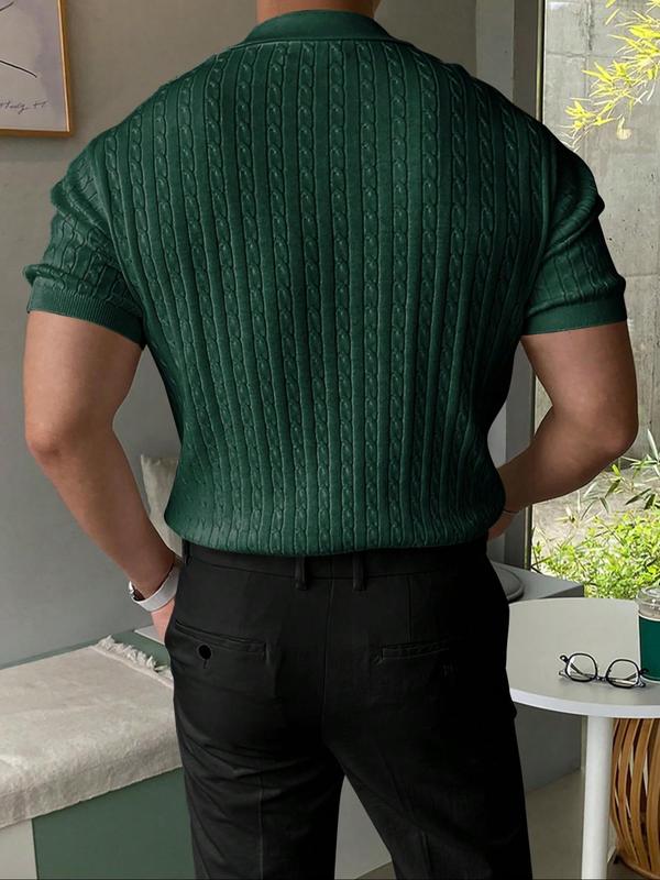 Men's Regular Fit Solid Zip Front Collar Cable Knit Top, Casual Short Sleeve Knitwear for Summer, Fashion Men's Knit Clothing for Daily Wear