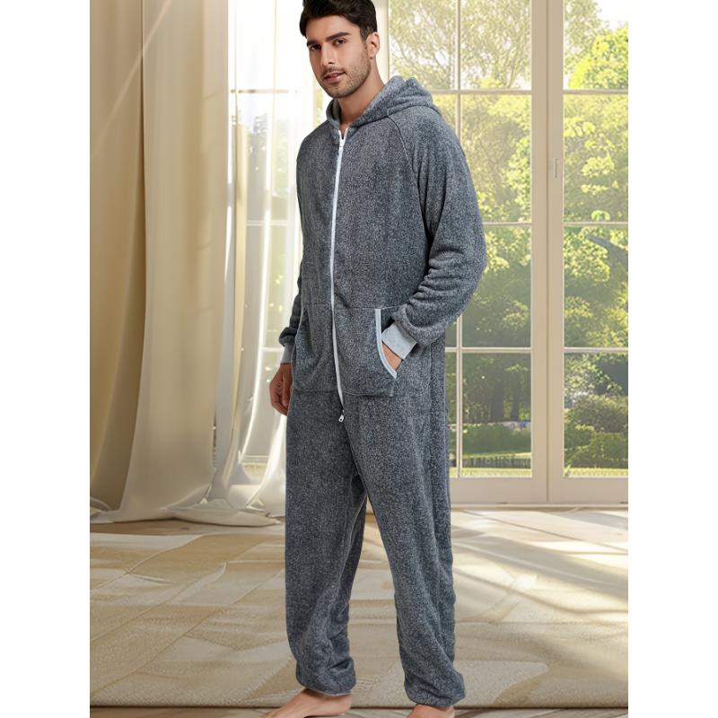 Men's Cozy Fleece-Lined Hooded Zip-Up Onesie Pajamas - Casual, Machine Washable, Solid Color Sleepwear Loungewear Menswear