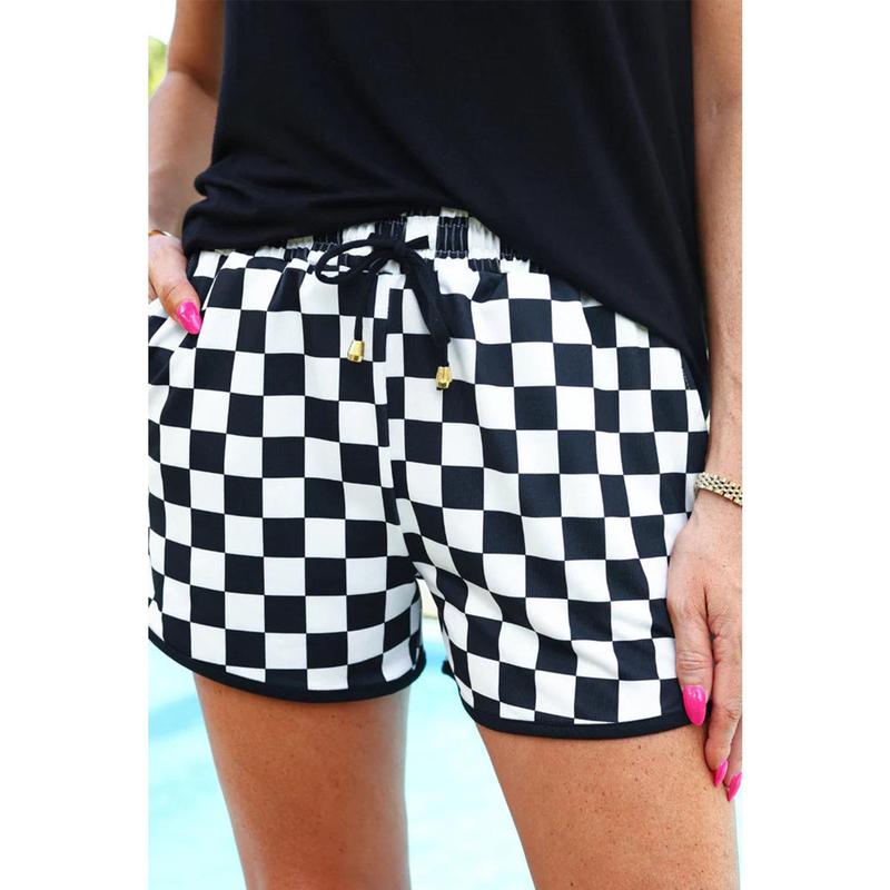 Black Checkered Drawstring Elastic Waist Casual Shorts